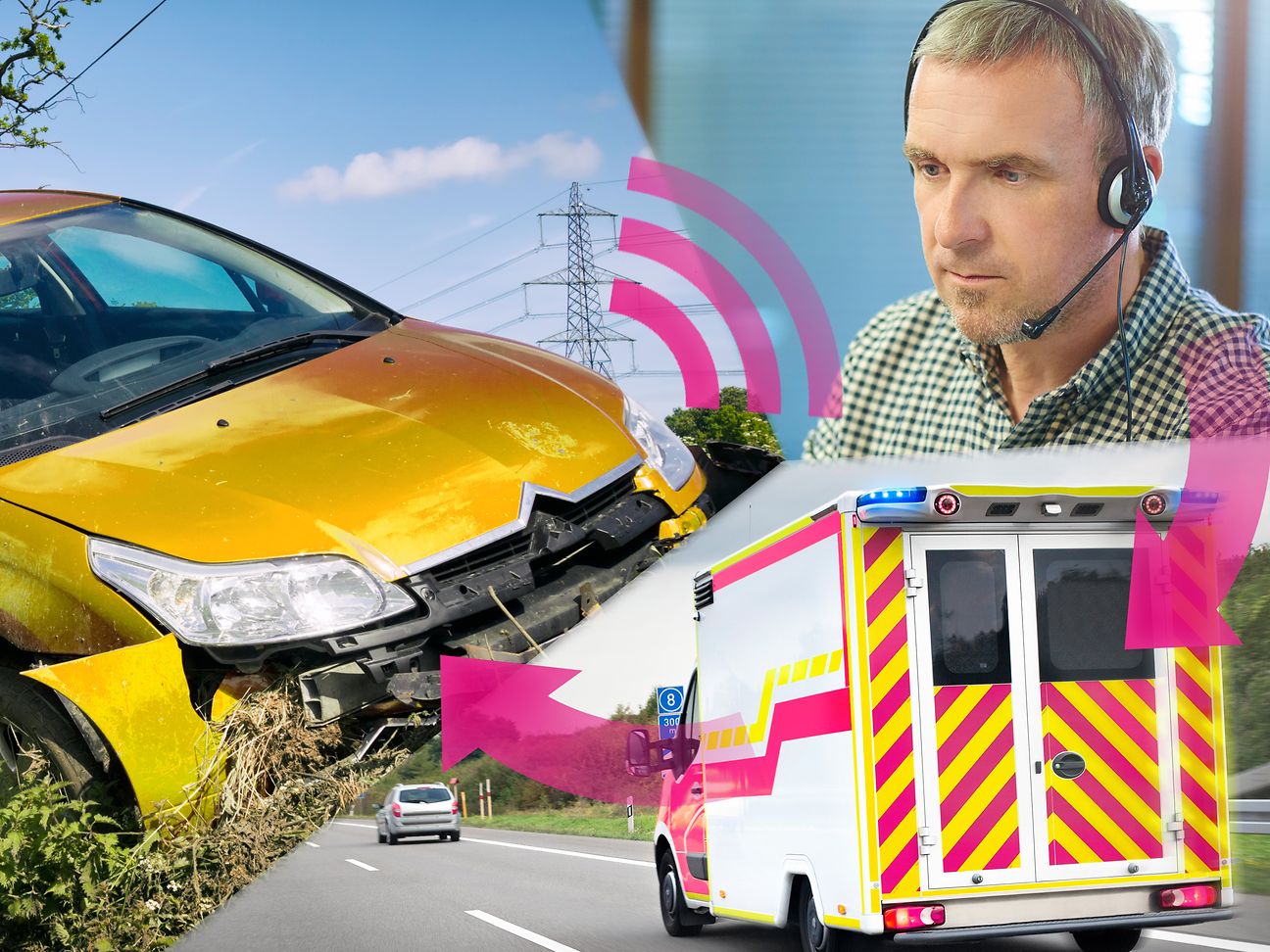 Communication between the accident vehicle and the emergency call center. An ambulance is sent to the scene of the accident.