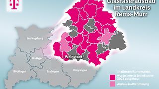 Ausbaukarte Rems-Murr-Kreis. Magenta sind Kommunen, in denen die Telekom bereits Glasfaser verlegt hat.