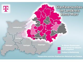 Ausbaukarte Rems-Murr-Kreis. Magenta sind Kommunen, in denen die Telekom bereits Glasfaser verlegt hat.