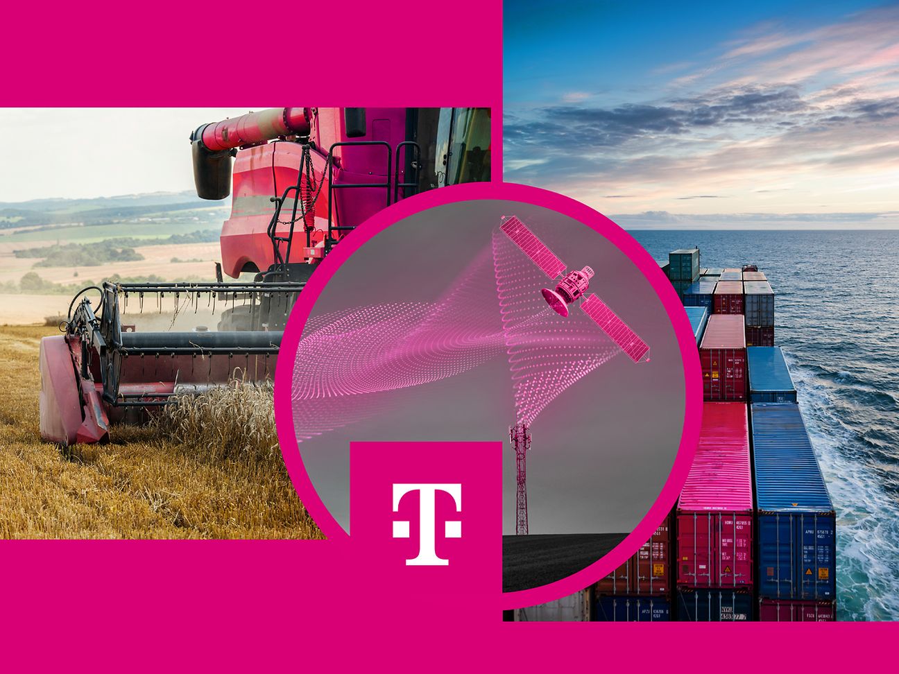 Schmuckbild IoT-Satellitenkonnektivität mit Mähdrescher und Containerschiff