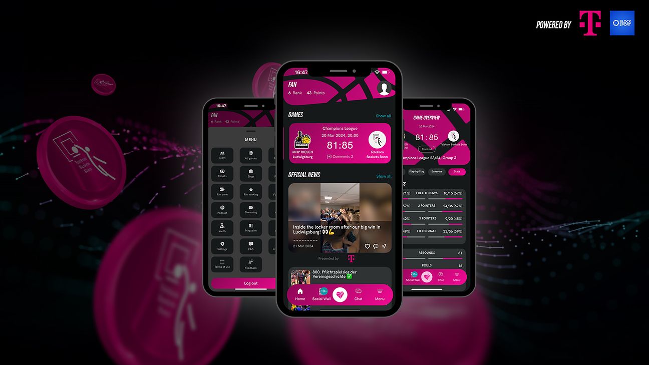 Drei wie in einem Karussell angeordnete Smartphone Screens mit unterschiedlichen Infos rund um den Basketball-Bundesligisten.