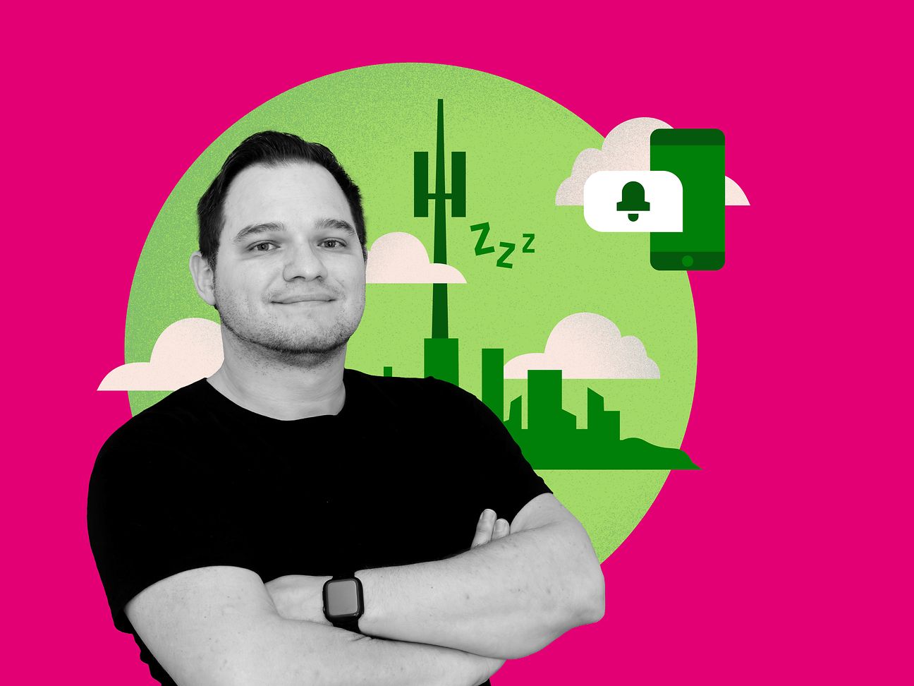 David Maschke vor einem magentafarbenen Hintergrund, auf dem Antennen illustriert sind.