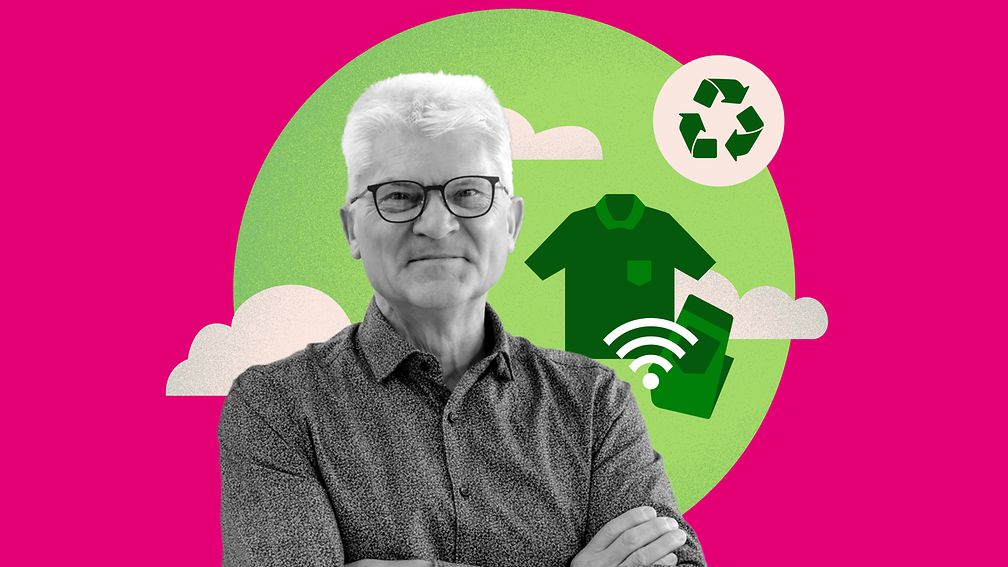 Ruediger Adam in front of a magenta background showing a green illustration of a recycling icon and a shirt.