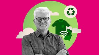 Ruediger Adam in front of a magenta background showing a green illustration of a recycling icon and a shirt.