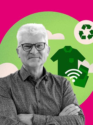Ruediger Adam in front of a magenta background showing a green illustration of a recycling icon and a shirt.