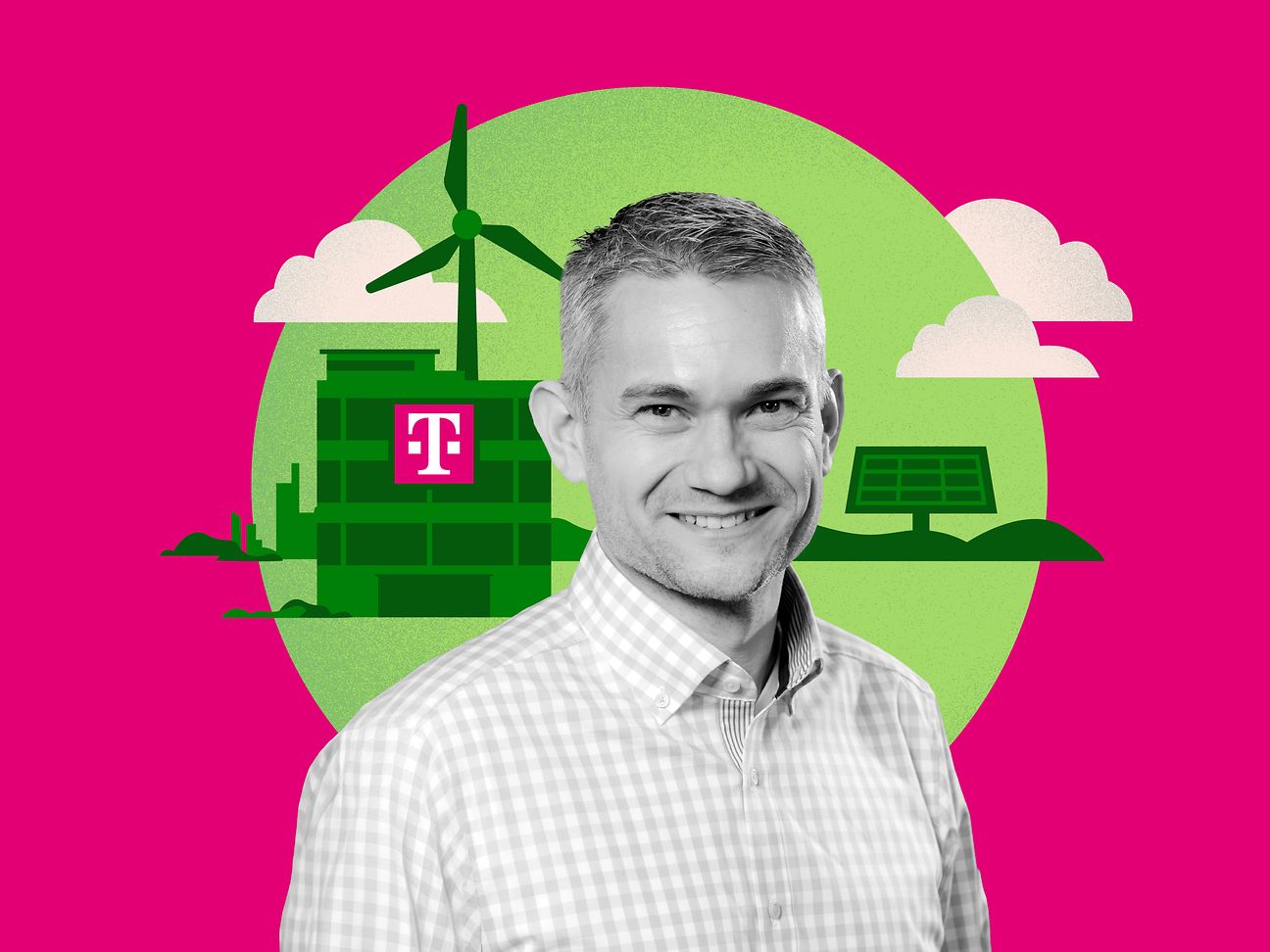 Chris Mathea vor einem magentafarbenen Hintergrund, auf dem Solarpanels und Windräder illustriert sind.