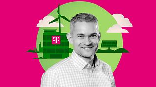 Chris Mathea in front of a magenta illustration with windmills and solar panels.