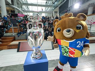 The European Championship trophy at Deutsche Telekom's headquarters in Bonn. 