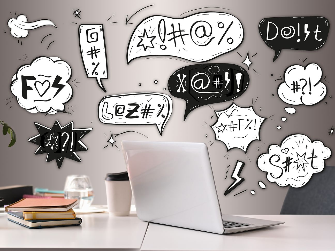 Speech bubbles showing symbols for discrimination, misunderstandings, conflicts 