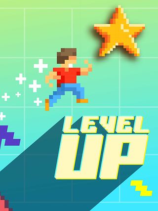 Ein buntes Visual zeigt als Collage einer bunten Pixelfigur, drei pixeligen Dokument-Icons und einem Schriftzug „Level UP“.