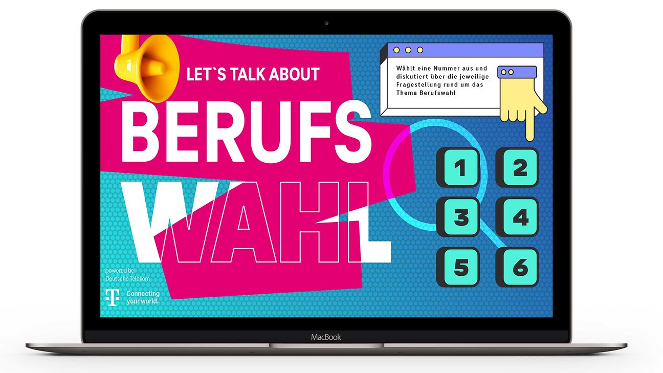 Abbildung eines Laptopmonitors mit einer Grafik zum Thema "Berufswahl starten"