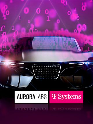 Car with the logos of <nobr>T-Systems</nobr> and Aurora Labs.