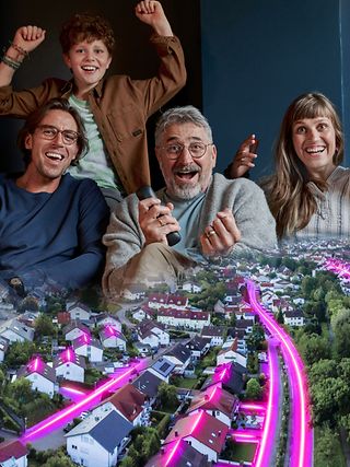 Collage aus Glasfasernetz und einer Familie 