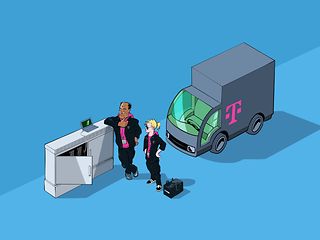 Techniker von der Telekom an eínem Verteiler-Kasten