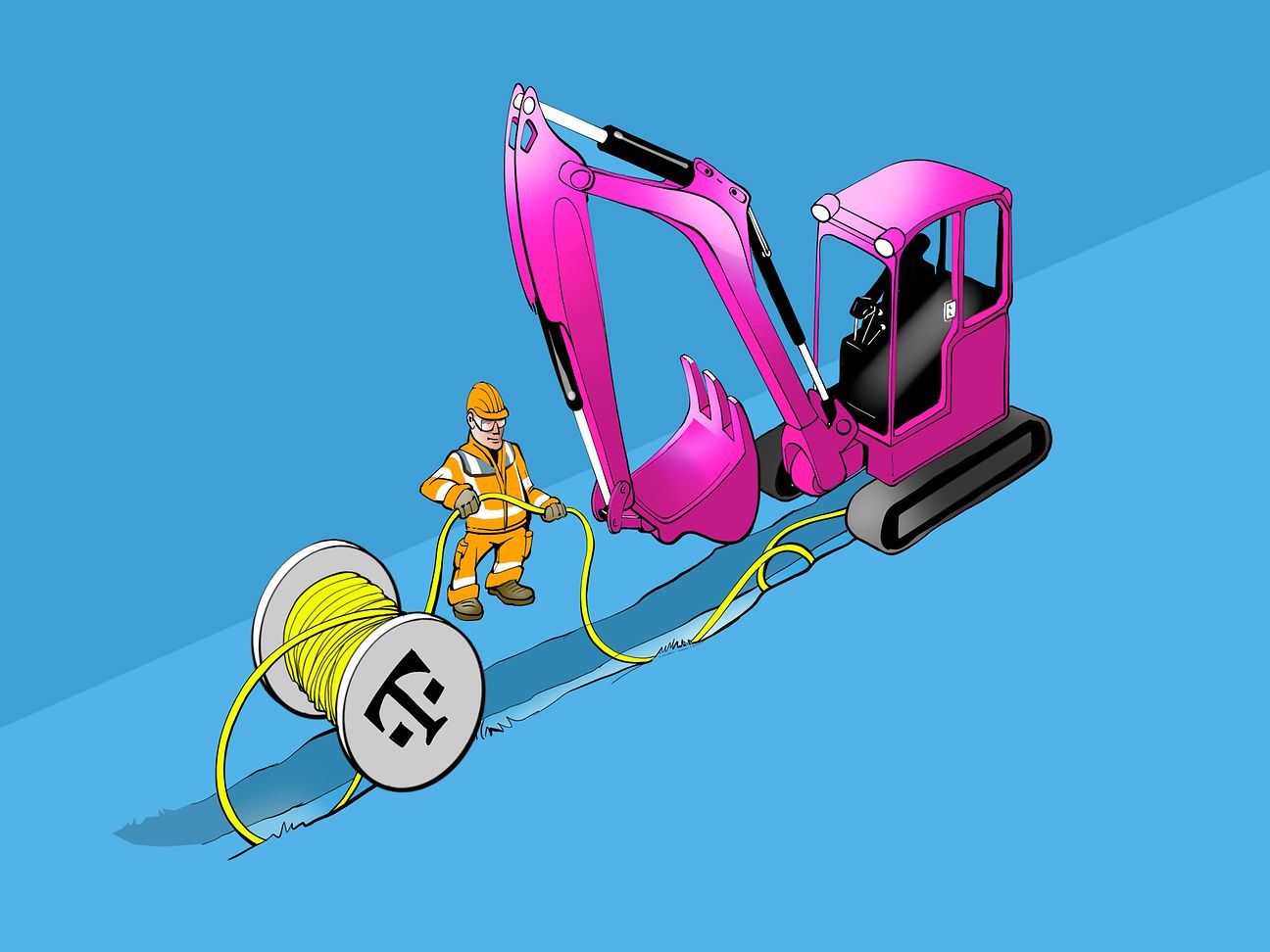 Ein Bagger mit Bauarbeiter und großer Kabelrolle