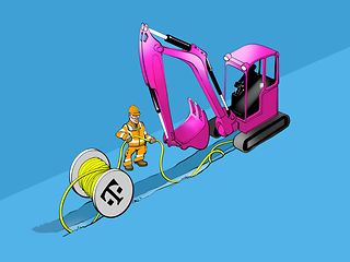 Ein Bagger mit Bauarbeiter und großer Kabelrolle