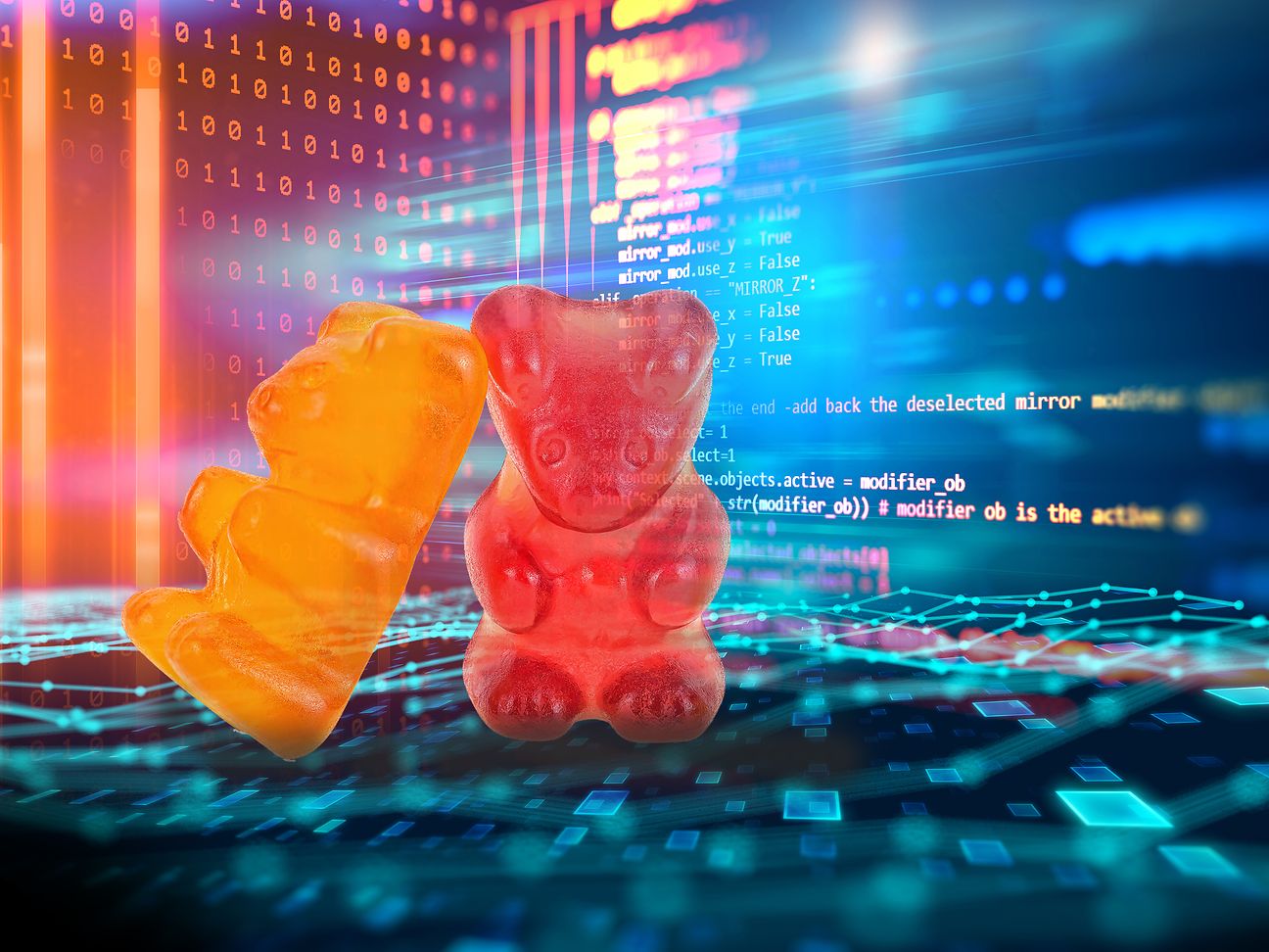Image montage: two gummy bears in front of an environment of software codes. 