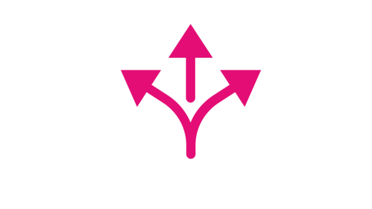 Magenta Icon In drei Richtungen abzweigende Pfeile