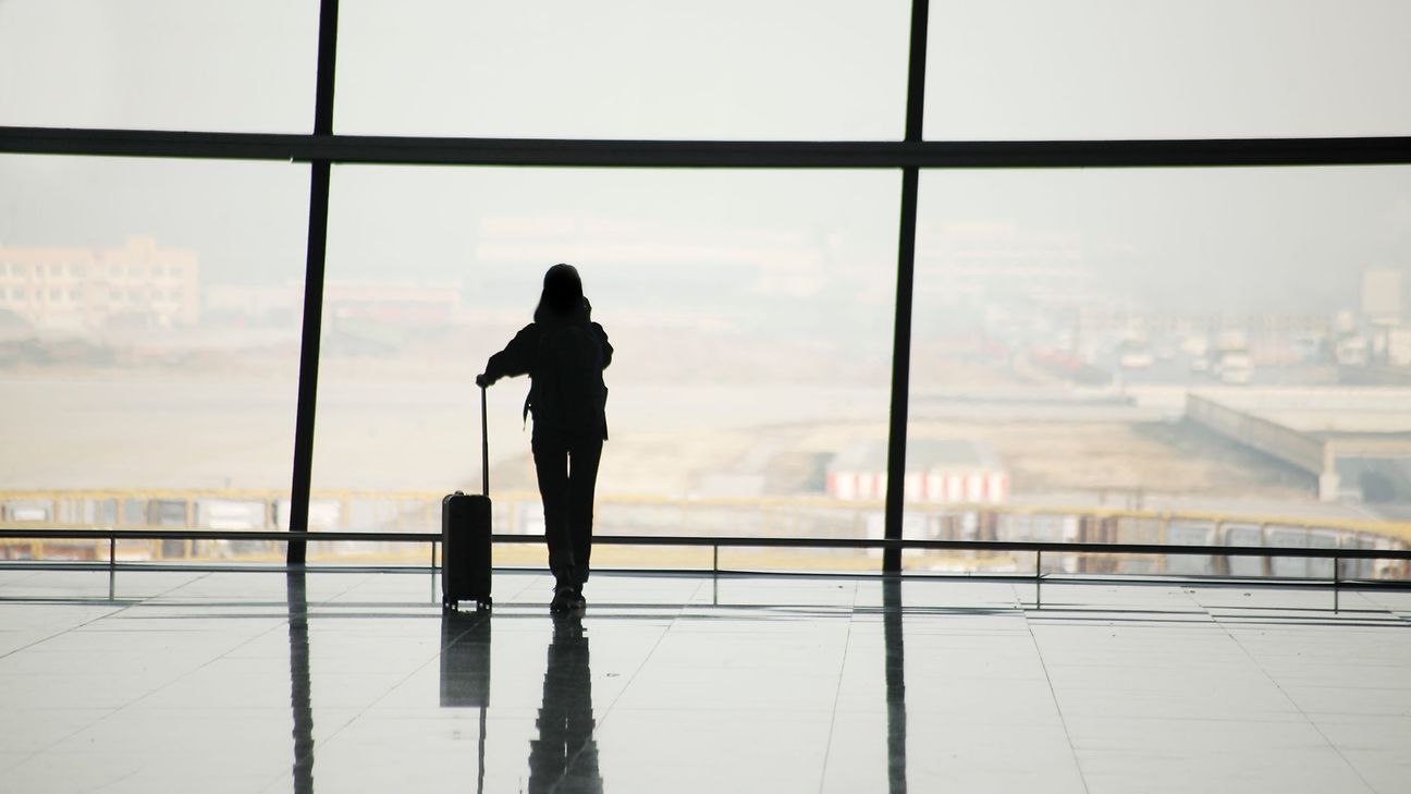 A person with a suitcase stands at a large window in the airport and looks at the runway