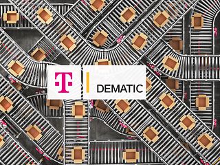 A sorting machine and the logos from <nobr>T-Systems</nobr> and Dematic.