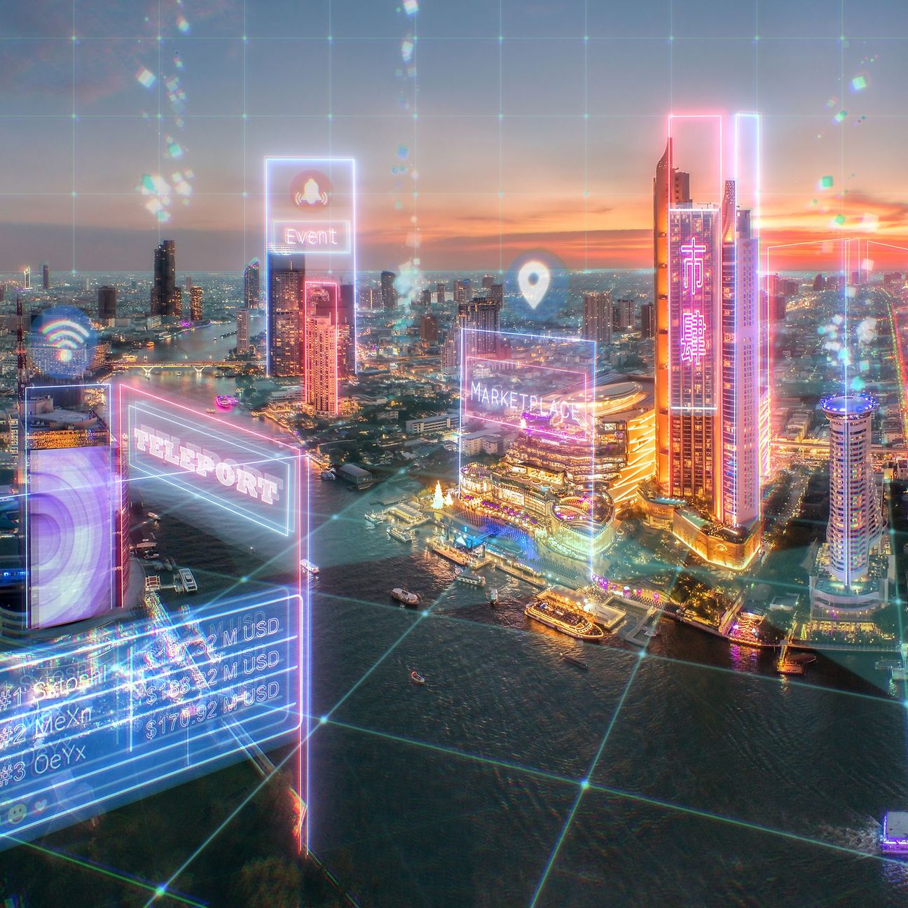 A futuristic city view at sunset with digital holograms such as “event”, “teleport”, and “marketplace”