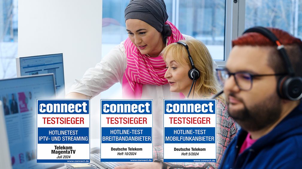 Drei Mitarbeitende bei der Arbeit im Servicecenter. Dazu sind die Testsiegel von Connect abgebildet.