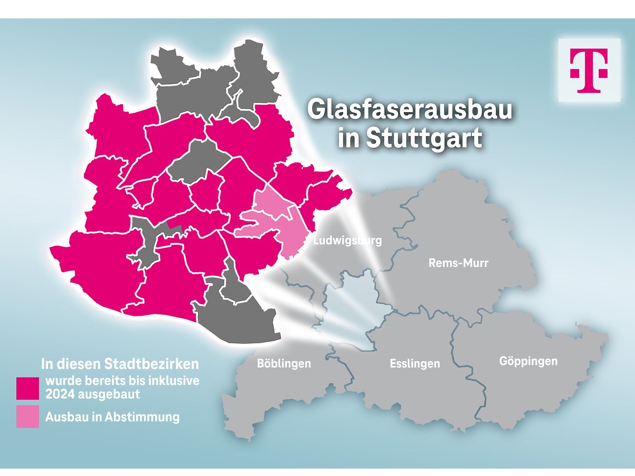 Ausbaukarte für die Landeshauptstadt Stuttgart. In Magenta Kommunen, in denen die Telekom bereits Glasfaser verlegt hat.
