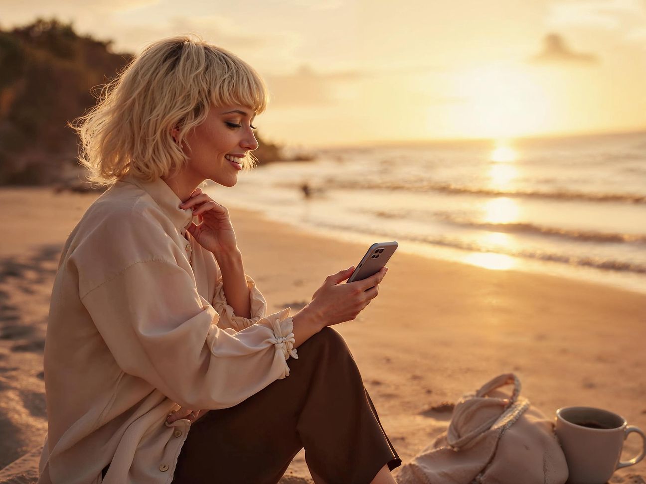 Frau am Strand, die bei Sonnenuntergang auf ihr Smartphone schaut.