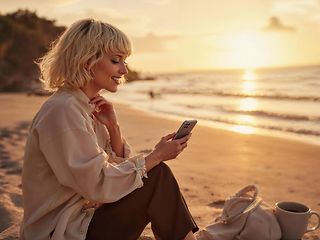 Woman at the beach during sunset. Looking at her smartphone