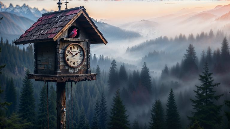 A perfect match: a typical clock from the black forest region and a magenta bird.