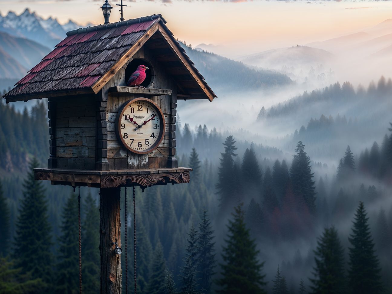 A perfect match: a typical clock from the black forest region and a magenta bird.