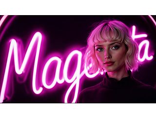 Woman in front of magenta lettering