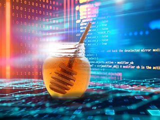 Image montage with a honey jar.