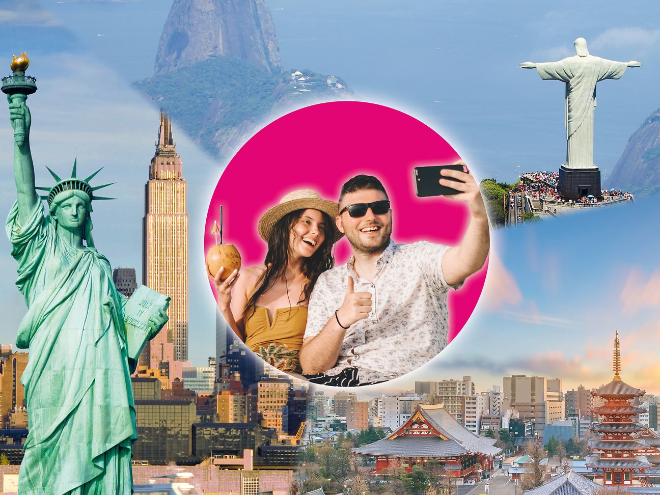Collage mit Zuckerhut, Statue of Liberty, Empire State Building und anderen Sehenswürdigkeiten weltweit.
