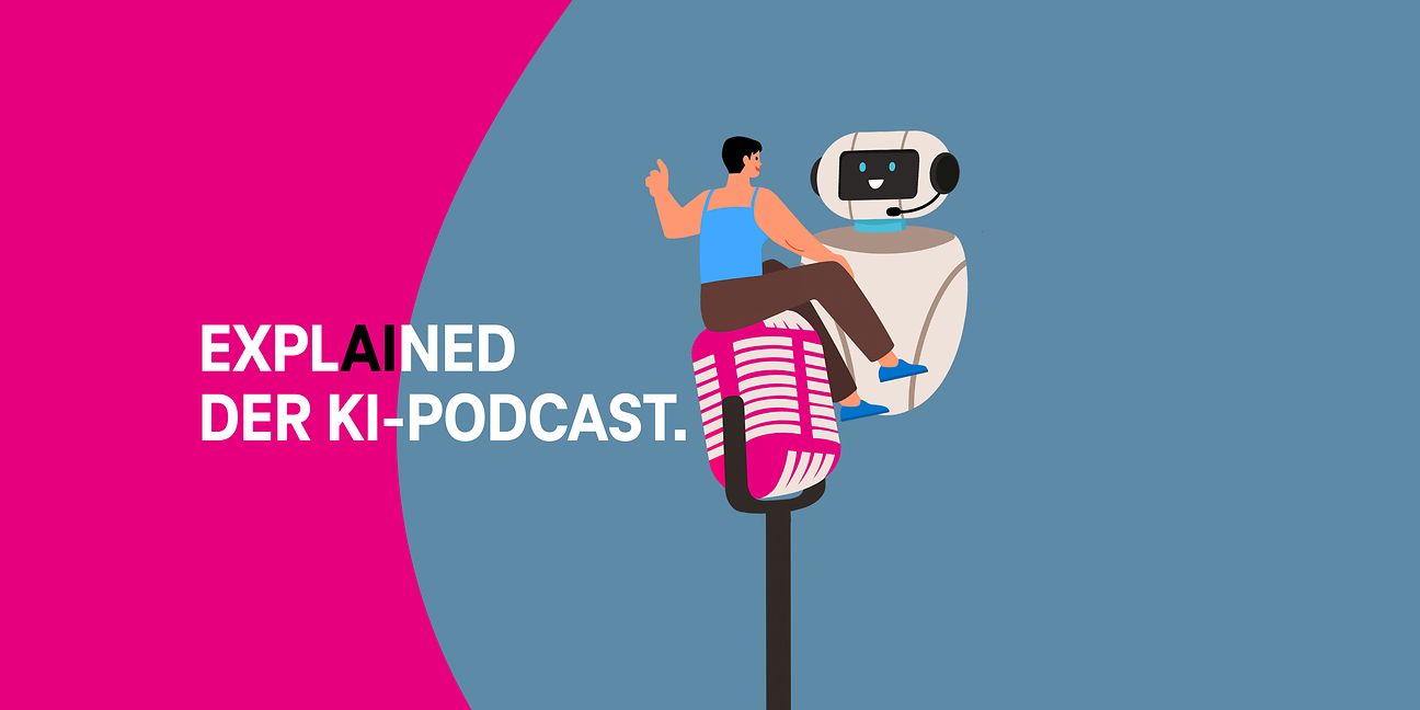 Explained: der KI Podcast (© Deutsche Telekom) Titelbild des Podcasts zeigt Mikrophon, Mensch und Roboter.