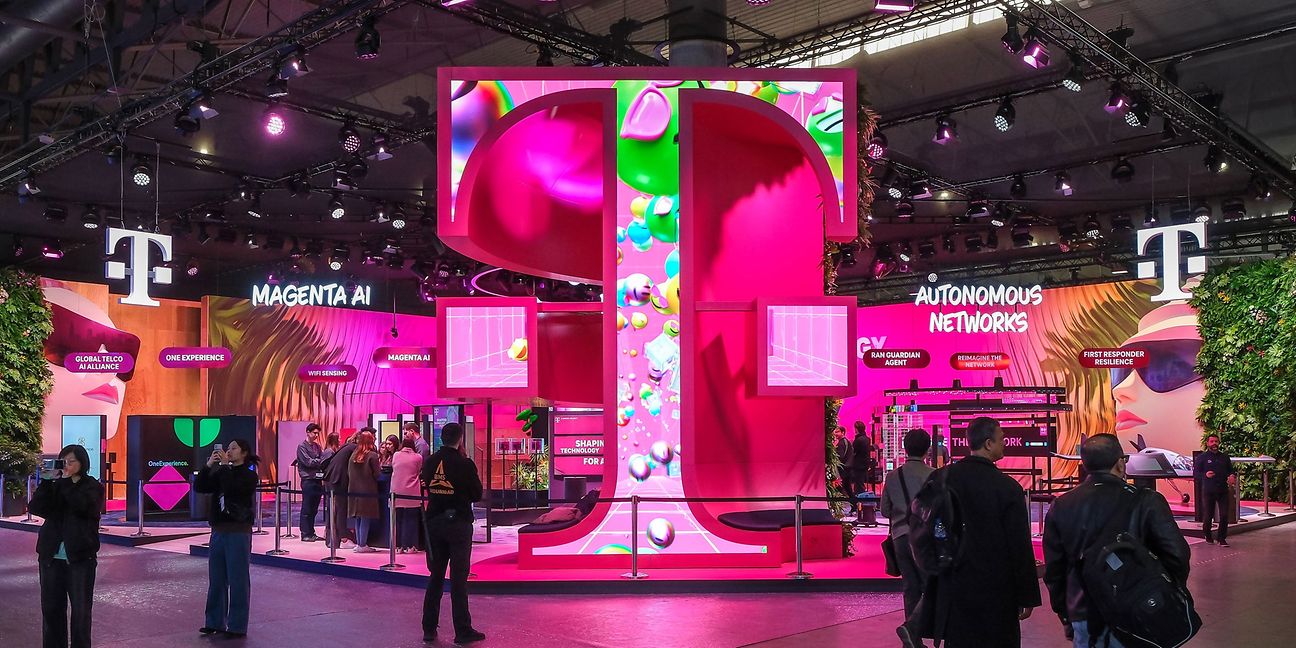 View of Deutsche Telekom's booth at MWC 2025 in Barcelona.