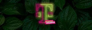 Telekom T in magenta and green in front of a leaf background, provided with lettering #GREEN MAGENTA