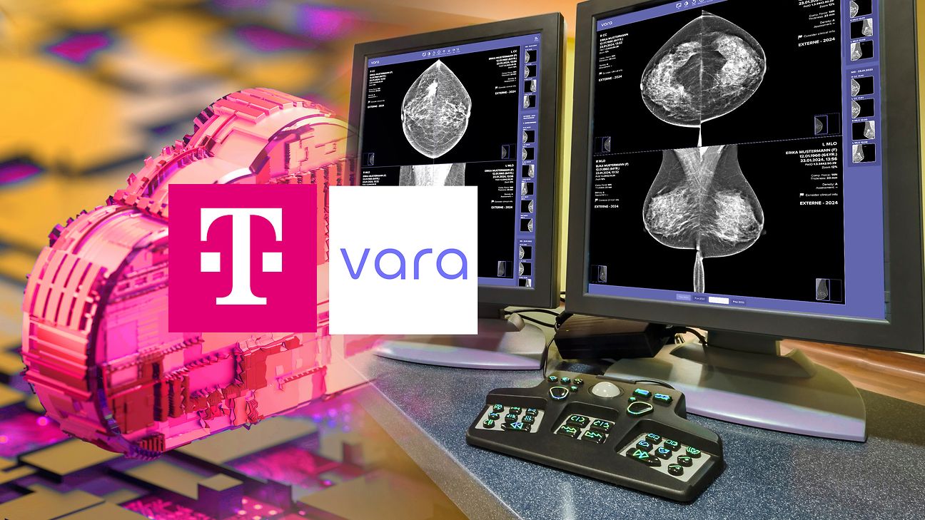 Schmuckbild mit Computerbildschirmen und Logos der Telekom und Vara. 