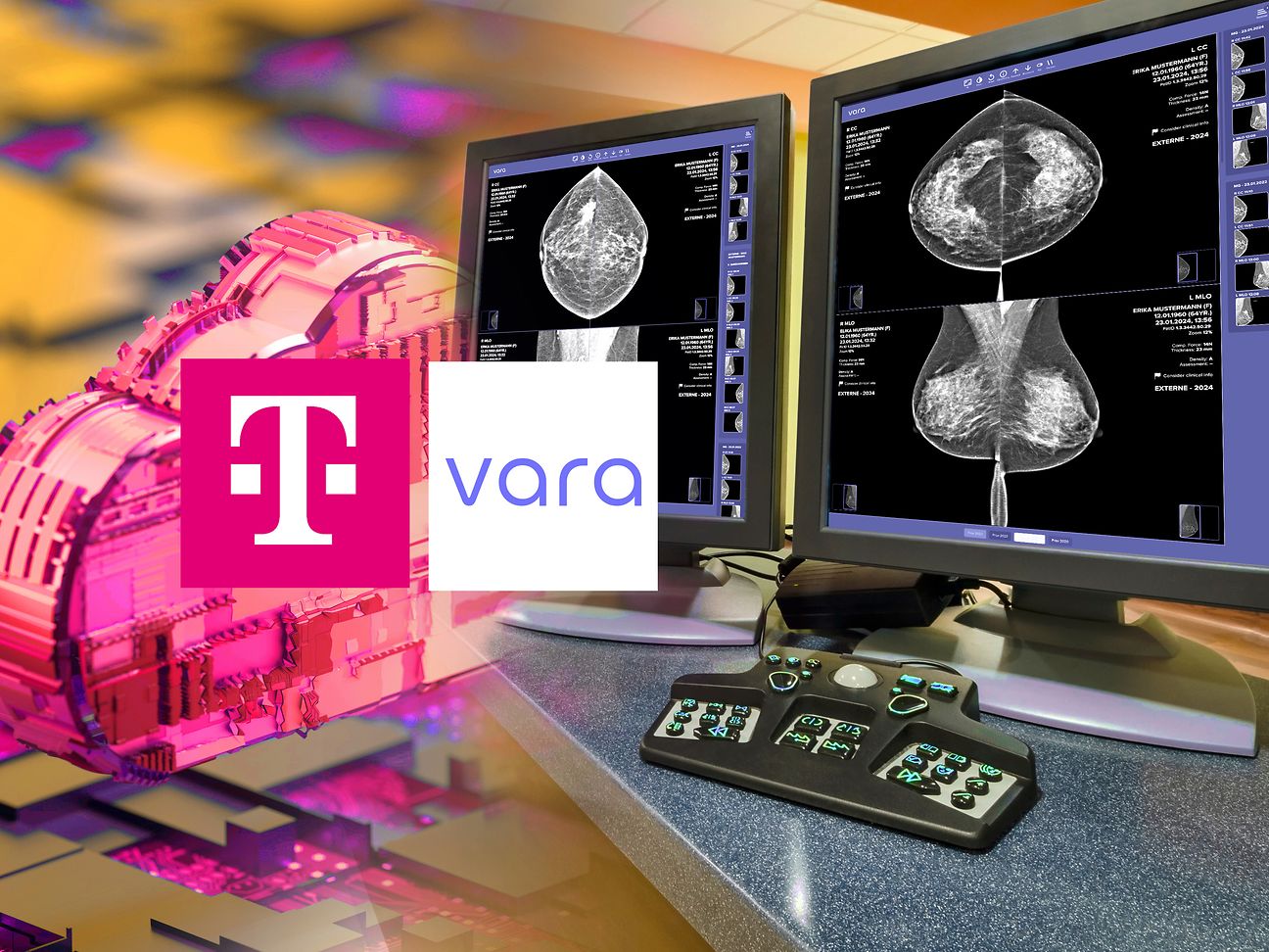 Schmuckbild mit Computerbildschirmen und Logos der Telekom und Vara. 