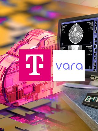 Schmuckbild mit Computerbildschirmen und Logos der Telekom und Vara. 