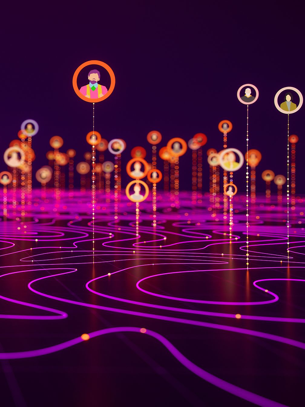 The image is very dark. It shows many bubbles on a wavy background, representing different people as a community.