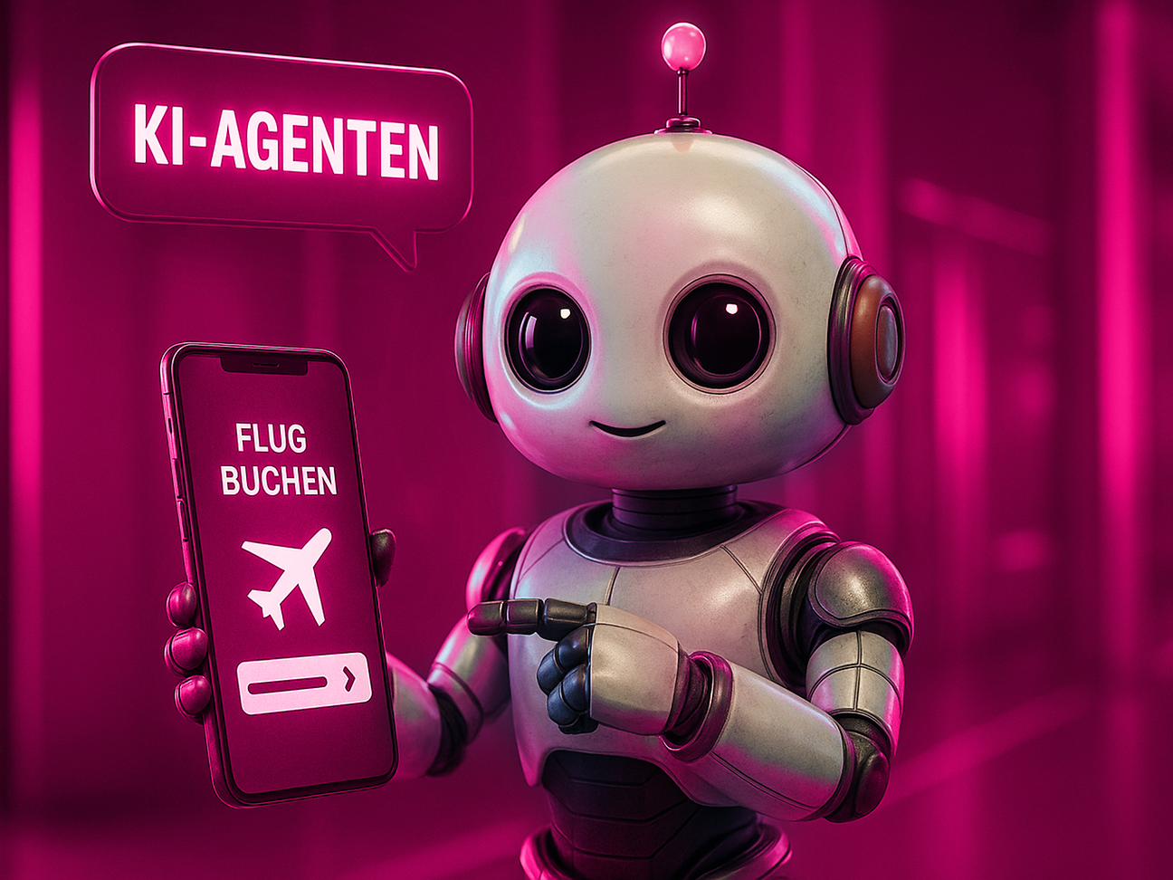 Roboter, der auf dem Handy eine Reise bucht.