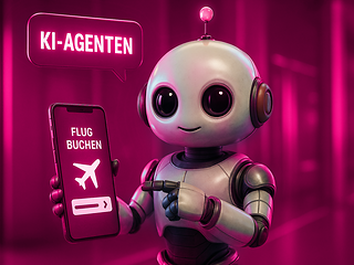 Roboter, der auf dem Handy eine Reise bucht.