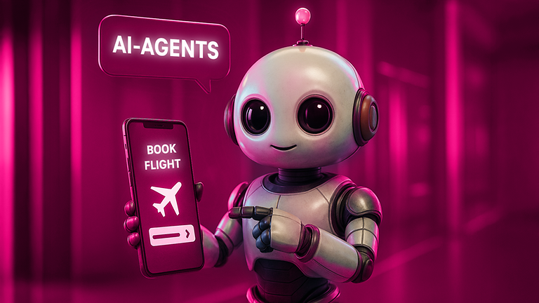 Robot booking a flight on a smartphone.