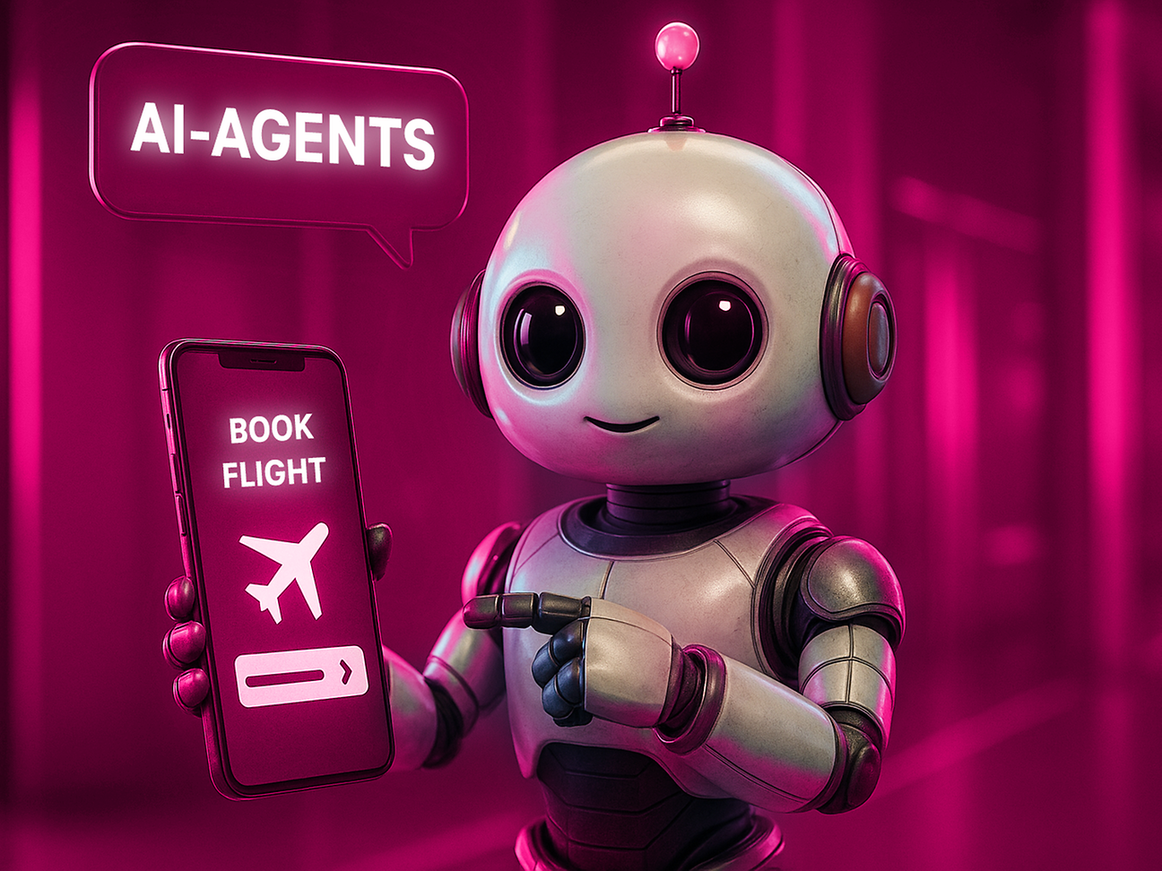 Robot booking a flight on a smartphone.