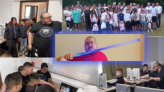 Montage: motifs from the classroom and a man with a lightsaber.