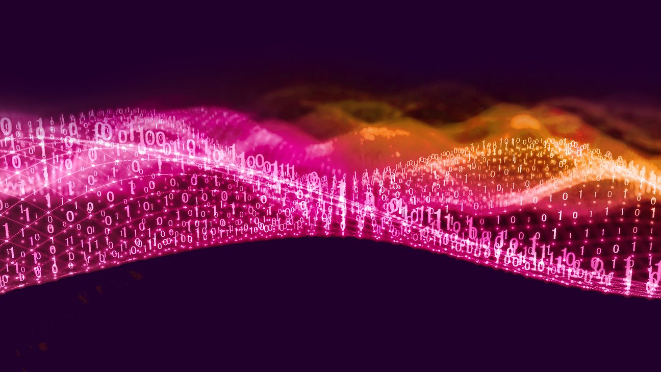 The image shows wave-like digital data streams of luminous binary code numbers in bright pink.