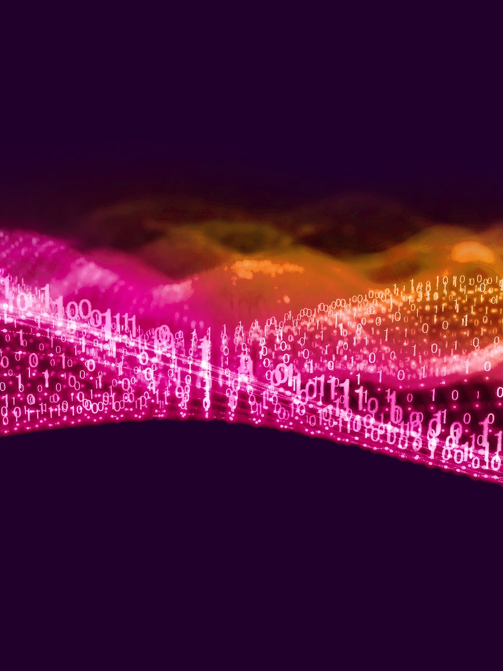 The image shows wave-like digital data streams of luminous binary code numbers in bright pink.