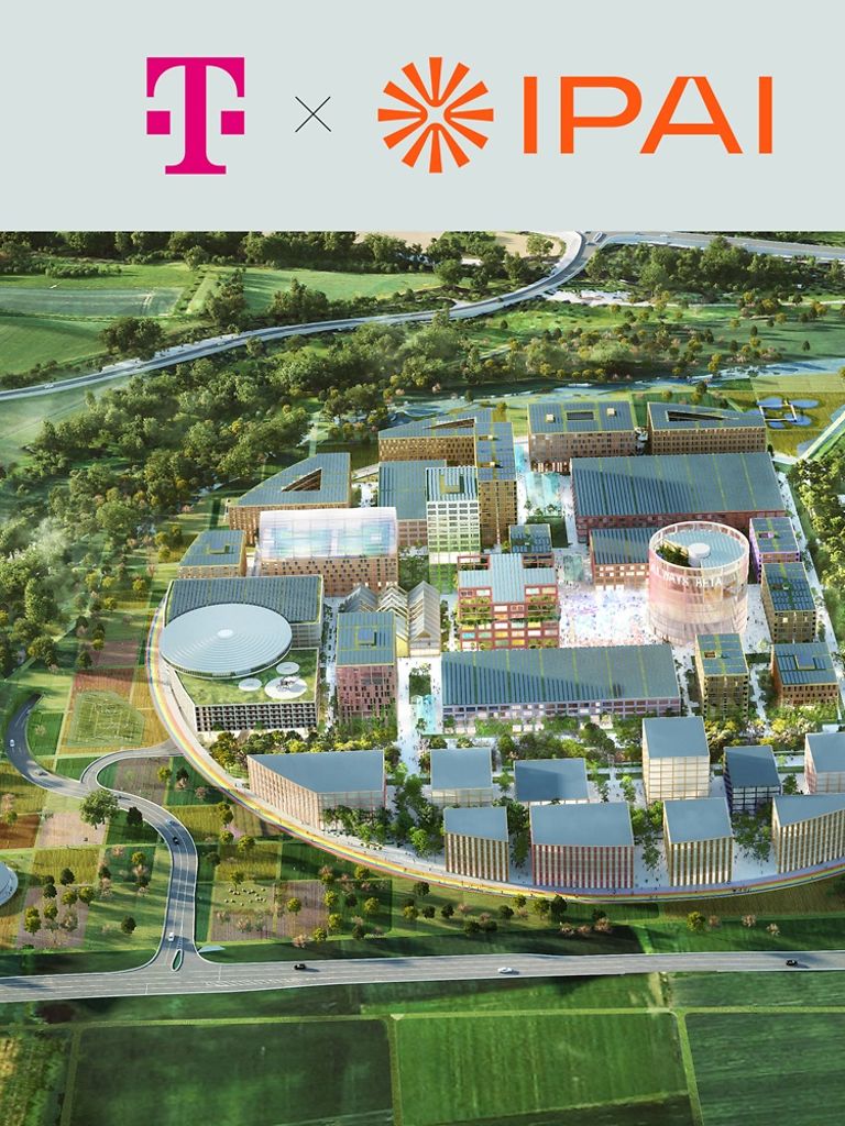 Aufnahme des IPAI-Campus aus der Luft mit den Logos von IPAI und der Deutschen Telekom.