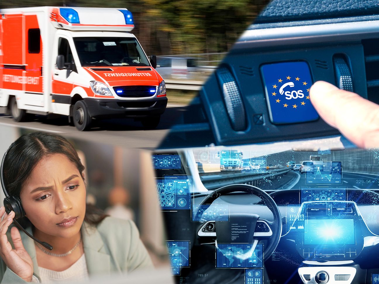 Accident vehicle and the emergency call center. An ambulance is sent to the scene of the accident.